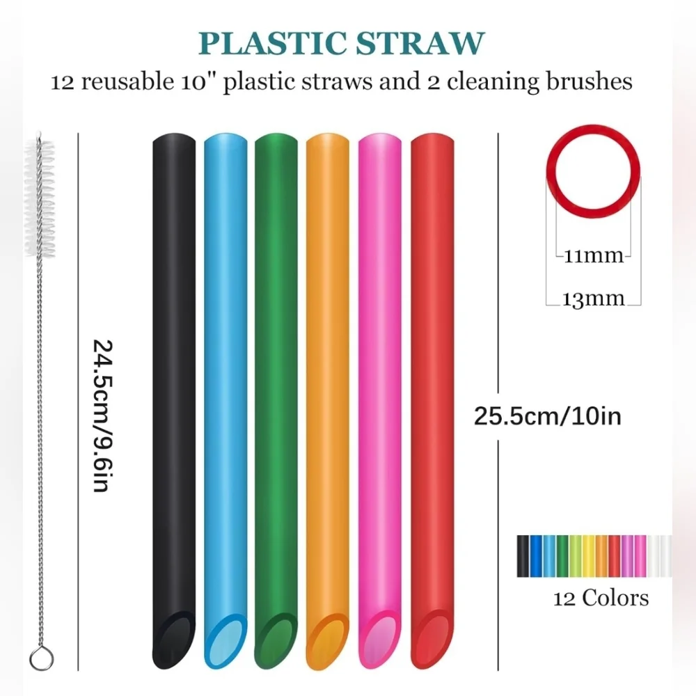 12 Reusable Boba Straws with 2‎ Brush Cleaners Hard Plastic Multicolor